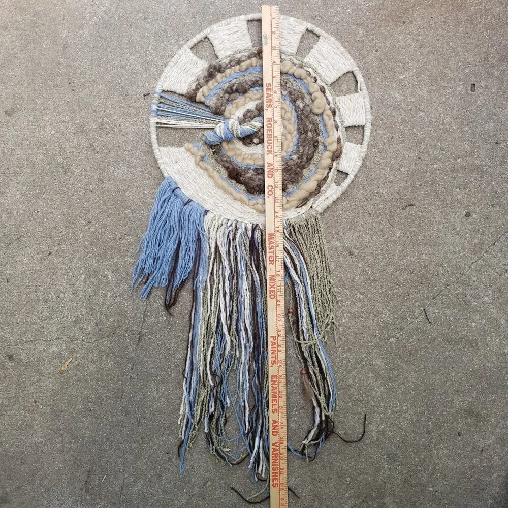 Vintage 1980s Woven‎ Wool Fiber Art Dream Catcher Wall Hanging
